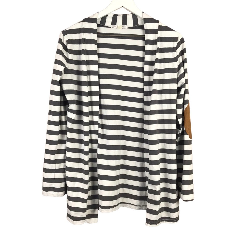 Angvns Brown White Stripe Open Elbow Patch Cardigan Top Women Sz M